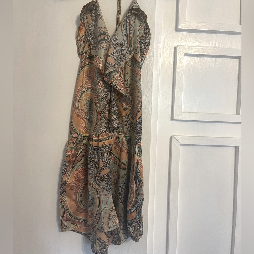 Poleci Silk shorts Romper, paisley colorful salmon pink background, size 2